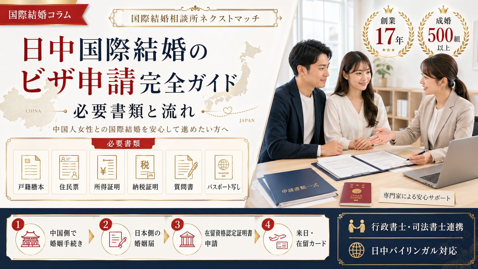 日中国際結婚のビザ申請に必要な書類を確認する様子｜在留資格・配偶者ビザ手続きガイド